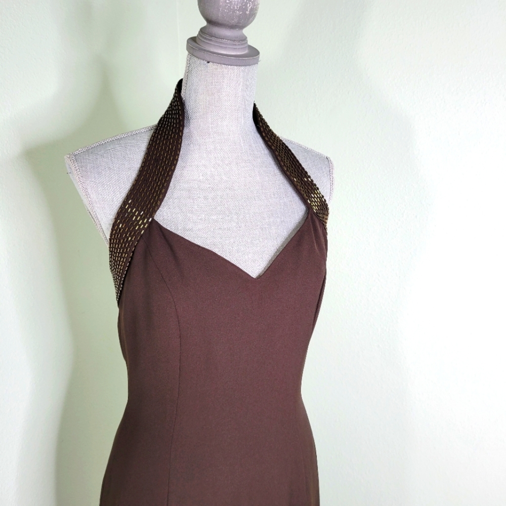 Vtg Reggio Halter Full Length Sheath Event Dress Dk Brown Bead Accent 6